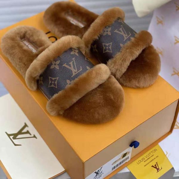 Louis Vuitton Women Lock It Flat Mule Mink Fur Patent Monogram Canvas (1)