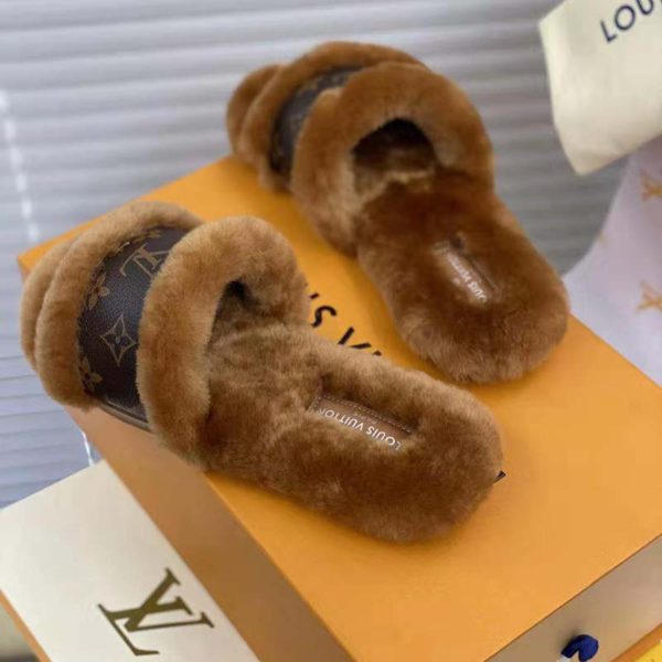 Louis Vuitton Women Lock It Flat Mule Mink Fur Patent Monogram Canvas (10)