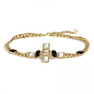 Chanel Women Metal & Resin Gold Pearly White & Black Belt