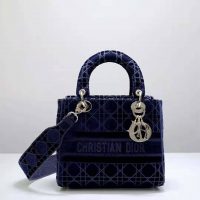 Dior Women Medium Lady D-Lite Bag Blue Cannage Embroidered Velvet