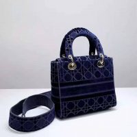 Dior Women Medium Lady D-Lite Bag Blue Cannage Embroidered Velvet