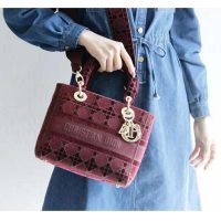 Dior Women Medium Lady D-Lite Bag Burgundy Cannage Embroidered Velvet