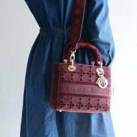 Dior Women Medium Lady D-Lite Bag Burgundy Cannage Embroidered Velvet