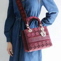 Dior Women Medium Lady D-Lite Bag Burgundy Cannage Embroidered Velvet