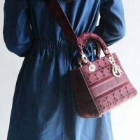 Dior Women Medium Lady D-Lite Bag Burgundy Cannage Embroidered Velvet