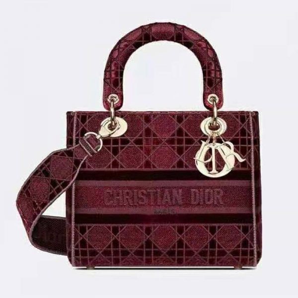 Dior Women Medium Lady D-Lite Bag Burgundy Cannage Embroidered Velvet