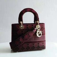 Dior Women Medium Lady D-Lite Bag Burgundy Cannage Embroidered Velvet