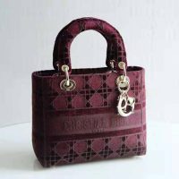 Dior Women Medium Lady D-Lite Bag Burgundy Cannage Embroidered Velvet