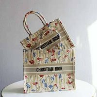 Dior Women Small Book Tote Beige Multicolor Hibiscus Metallic Thread Embroidery