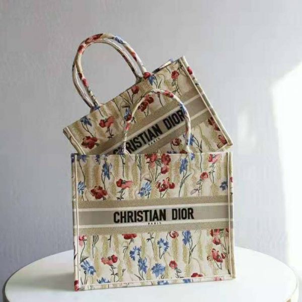 Dior Women Small Book Tote Beige Multicolor Hibiscus Metallic Thread Embroidery (11)