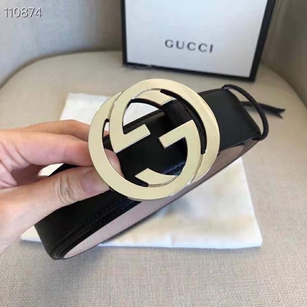 Gucci GG Unisex Black Leather Belt with Interlocking G Buckle 4 cm Width (3)