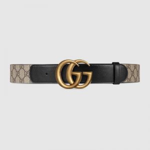 Gucci Unisex GG Belt with Double G Buckle Beige/Ebony GG Supreme Black Leather