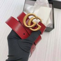 Gucci Unisex GG Marmont Thin Leather Belt with Shiny Double G Buckle-Red