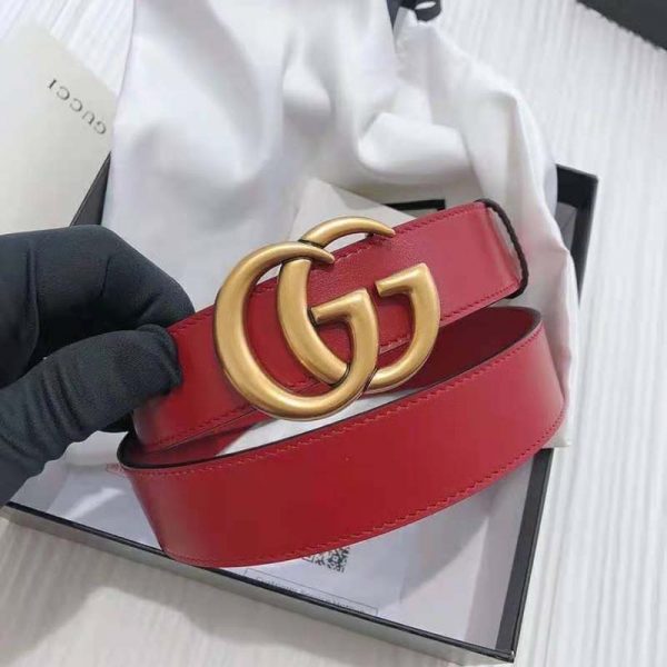 Gucci Unisex GG Marmont Thin Leather Belt with Shiny Double G Buckle-Red (6)