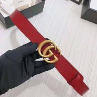 Gucci Unisex GG Marmont Thin Leather Belt with Shiny Double G Buckle-Red