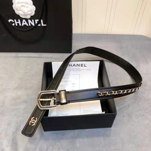 Chanel Women Calfskin & Gold Metal & Belt 3 cm Width-Black (6)