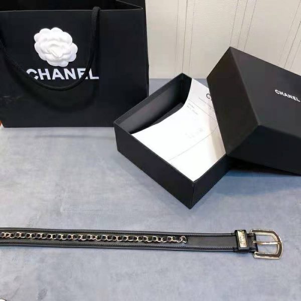 Chanel Women Calfskin & Gold Metal & Belt 3 cm Width-Black (8)
