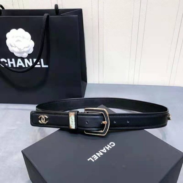 Chanel Women Calfskin & Gold Metal & Belt 3 cm Width-Black (9)