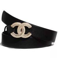 Chanel Women Calfskin & Gold Metal & Strass & Pearls Belt-Black