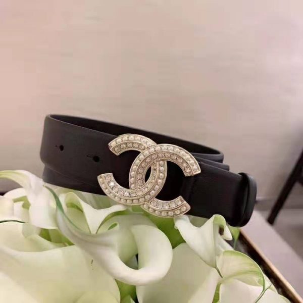 Chanel Women Calfskin & Gold Metal & Strass & Pearls Belt-Black (4)