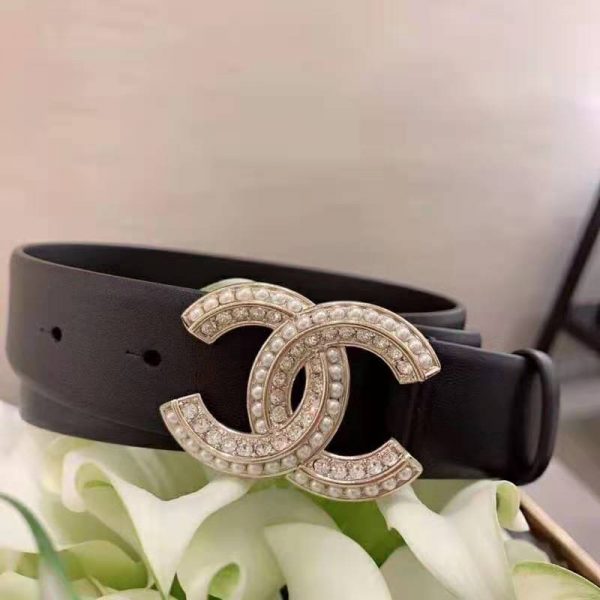 Chanel Women Calfskin & Gold Metal & Strass & Pearls Belt-Black (5)