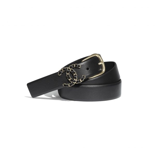 Chanel Women Calfskin & Gold-Tone Metal Black Belt 3 cm Width