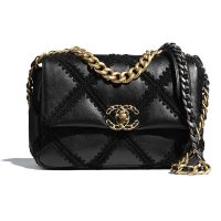 Chanel Women Chanel 19 Flap Bag Calfskin Crochet Gold Silver-Tone & Ruthenium-Finish Metal Black