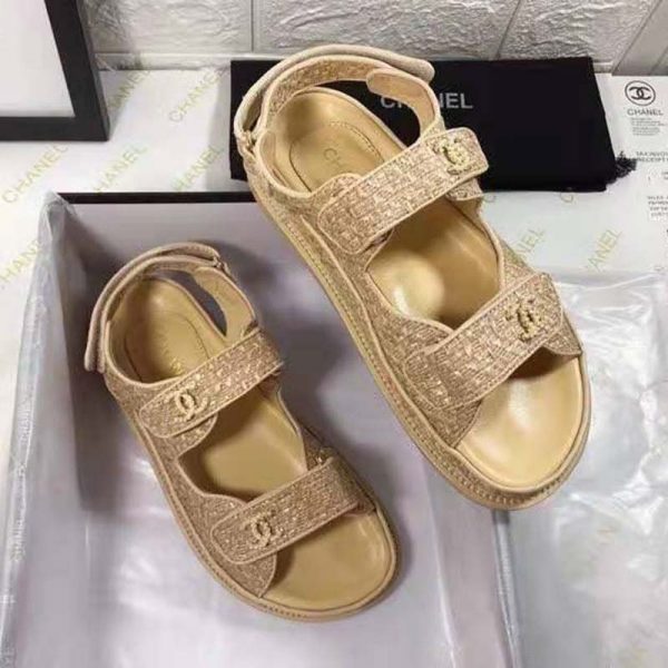 Chanel Women Sandals Braided Fabric Beige 1 cm Heel (3)