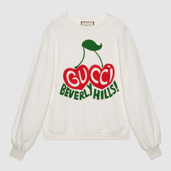 Gucci Men Beverly Hills Cherry Print Sweatshirt Cotton Jersey Crewneck Puff Sleeves-White