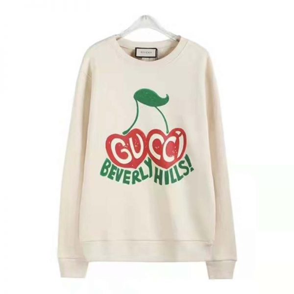 Gucci Men Beverly Hills Cherry Print Sweatshirt Cotton Jersey Crewneck Puff Sleeves-White (4)