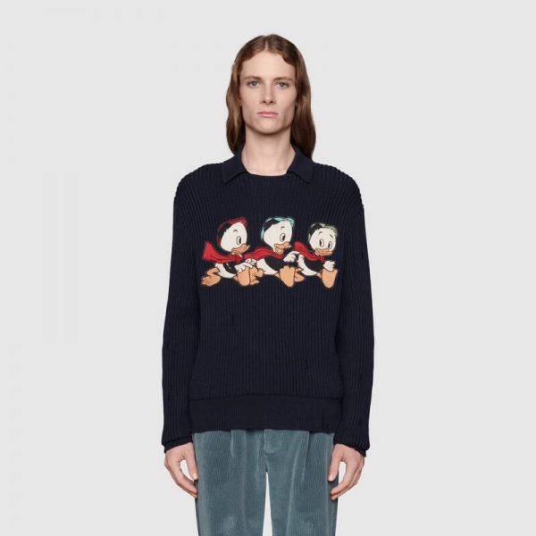 Gucci Men Disney x Gucci Donald Duck Cotton Wool Sweater Holes Crewneck Collar-Navy (12)