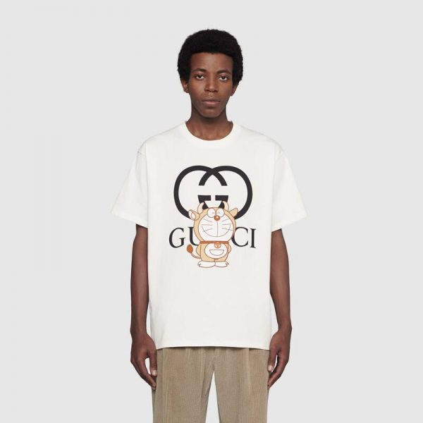 Gucci Men Doraemon x Gucci Oversize T-Shirt Ivory Cotton Jersey Crewneck (1)