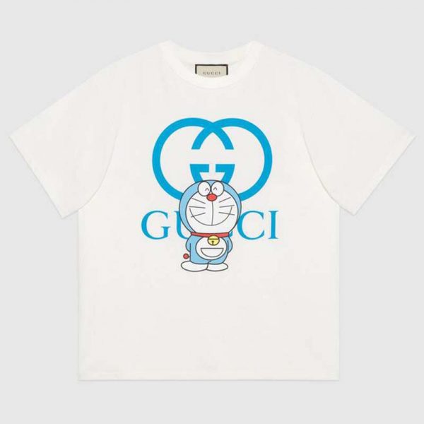 Gucci Men Doraemon x Gucci Oversize T-Shirt Ivory Cotton Jersey Crewneck-Blue