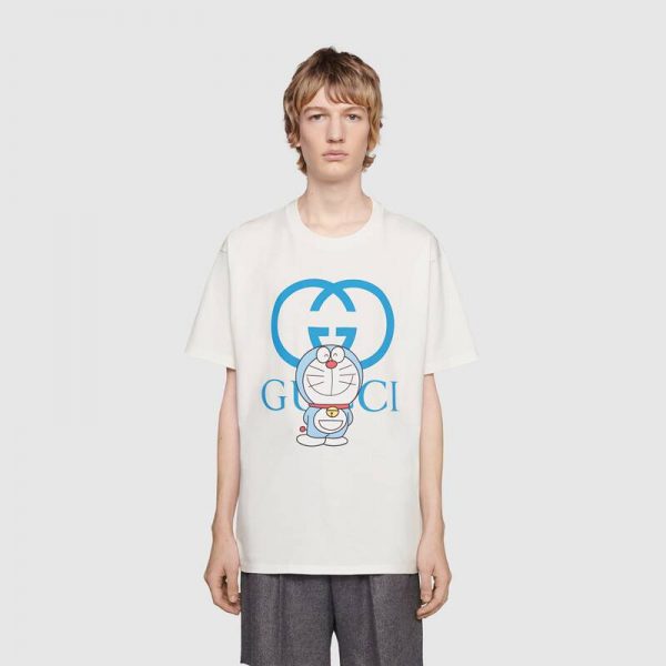 Gucci Men Doraemon x Gucci Oversize T-Shirt Ivory Cotton Jersey Crewneck-Blue (12)