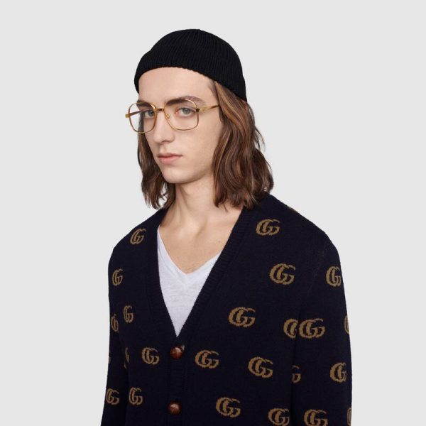 Gucci Men Double G Jacquard Wool Cardigan Front Pockets Blue and Beige (1)