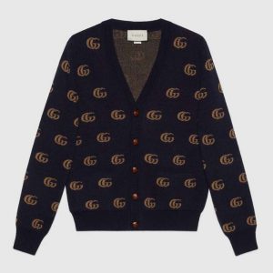 Gucci Men Double G Jacquard Wool Cardigan Front Pockets Blue and Beige