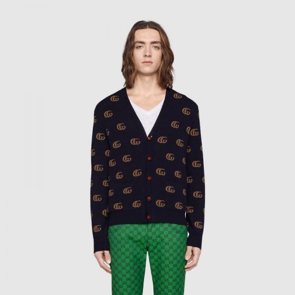 Gucci Men Double G Jacquard Wool Cardigan Front Pockets Blue and Beige (13)
