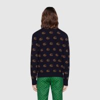 Gucci Men Double G Jacquard Wool Cardigan Front Pockets Blue and Beige