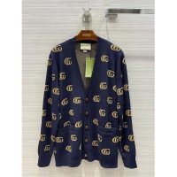 Gucci Men Double G Jacquard Wool Cardigan Front Pockets Blue and Beige