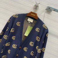 Gucci Men Double G Jacquard Wool Cardigan Front Pockets Blue and Beige