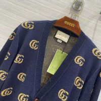 Gucci Men Double G Jacquard Wool Cardigan Front Pockets Blue and Beige