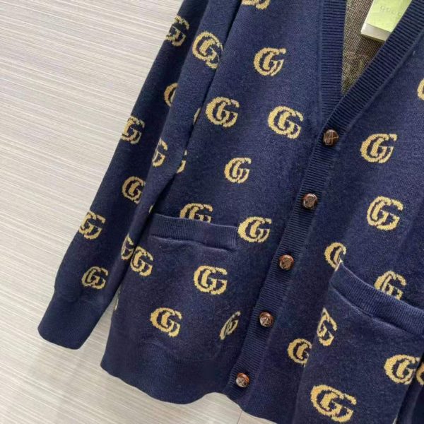 Gucci Men Double G Jacquard Wool Cardigan Front Pockets Blue and Beige (6)