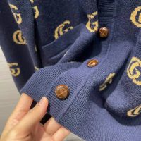 Gucci Men Double G Jacquard Wool Cardigan Front Pockets Blue and Beige