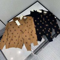 Gucci Men Double G Jacquard Wool V-Neck Sweater Camel and Brown