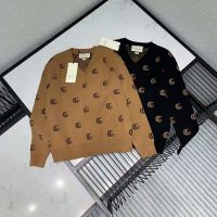 Gucci Men Double G Jacquard Wool V-Neck Sweater Camel and Brown