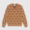 Gucci Men Double G Jacquard Wool V-Neck Sweater Camel and Brown