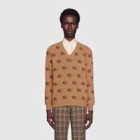 Gucci Men Double G Jacquard Wool V-Neck Sweater Camel and Brown