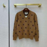 Gucci Men Double G Jacquard Wool V-Neck Sweater Camel and Brown