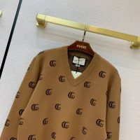 Gucci Men Double G Jacquard Wool V-Neck Sweater Camel and Brown