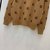 Gucci Men Double G Jacquard Wool V-Neck Sweater Camel and Brown